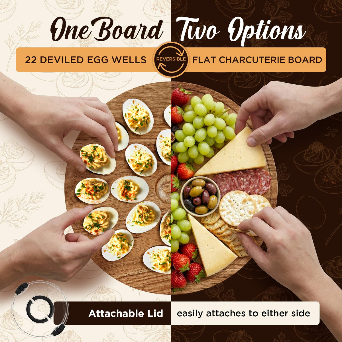 Trayful reversible design offers flexible serving options for parties.