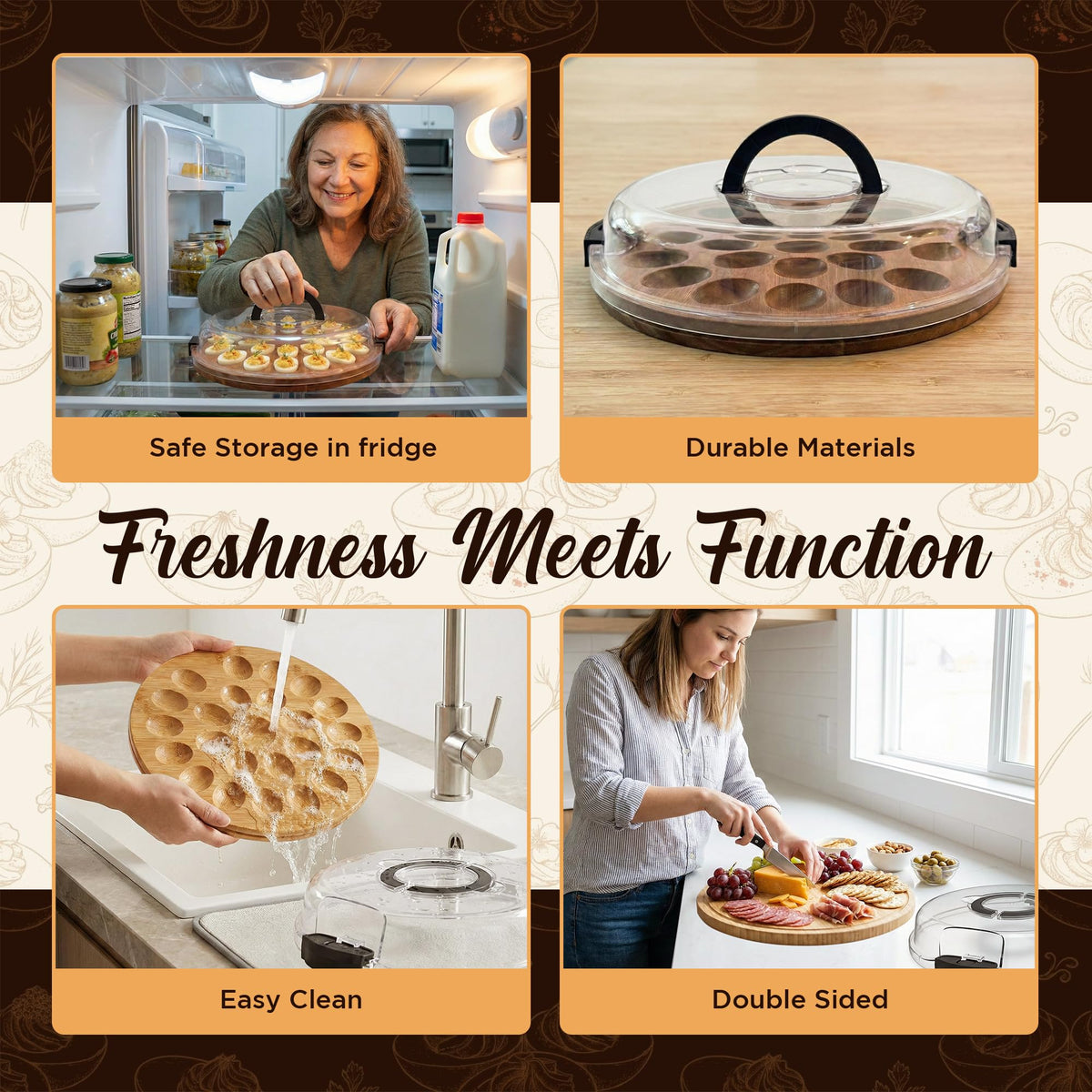 Trayful stackable design saves fridge and counter space.