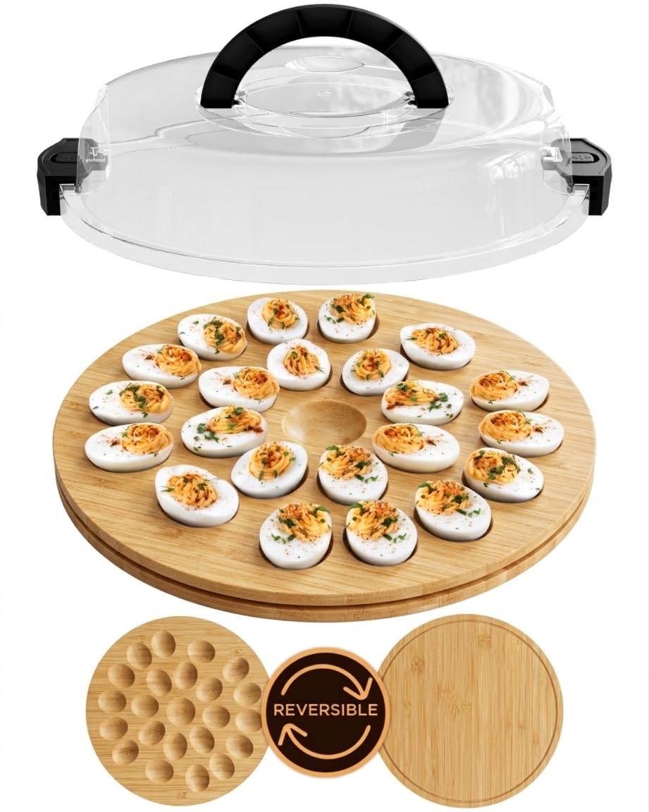 Trayful deviled egg tray with lid keeps eggs secure during transport