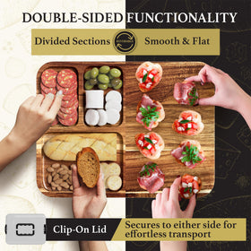 Trayful lidded charcuterie board provides secure transport and spill protection