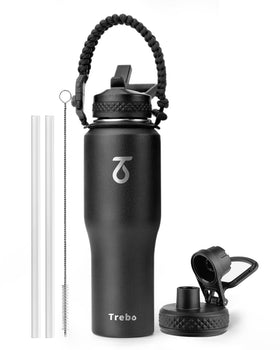 Trebo 32 oz insulated bottle fits car cup holders for on-the-go hydration.