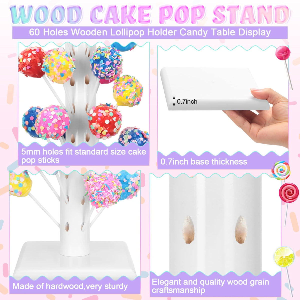 Treela wooden cake pop display stand adds timeless charm to party setups.