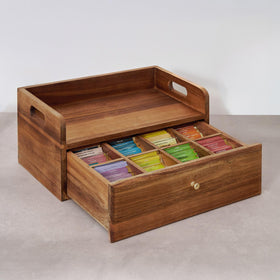 TREELF Acacia Tea Bag Organizer with Drawer showing eight upright compartments for tea sorting.