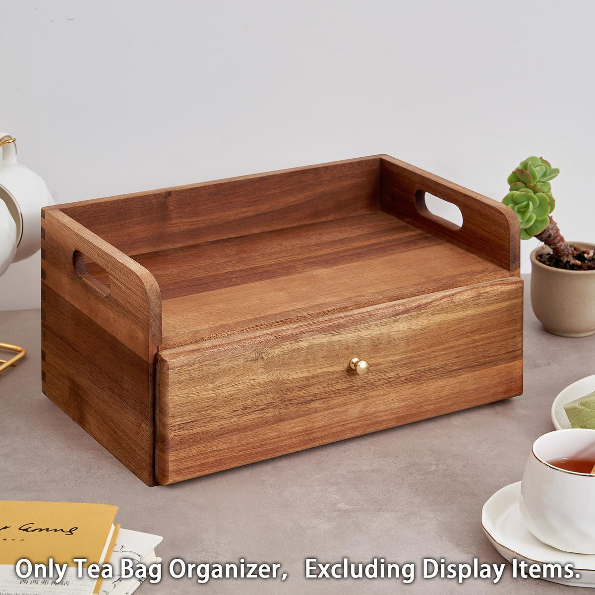 TREELF Teabag organizer drawer with a gold pull for an upscale kitchen display.