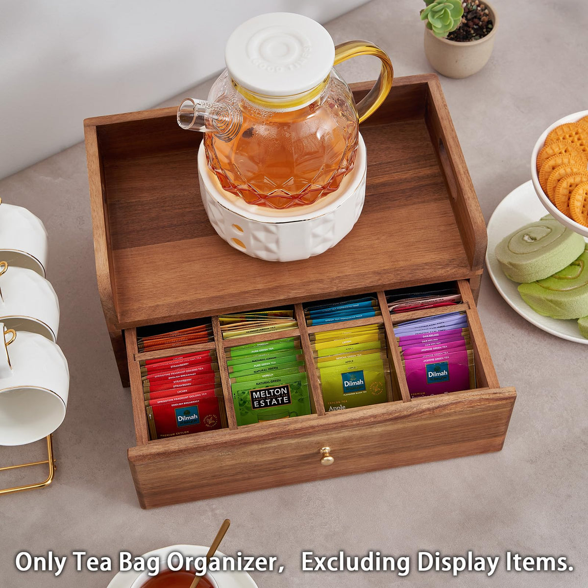 TREELF Acacia wood organizer with eight compartments for tea varieties and coffee sticks.