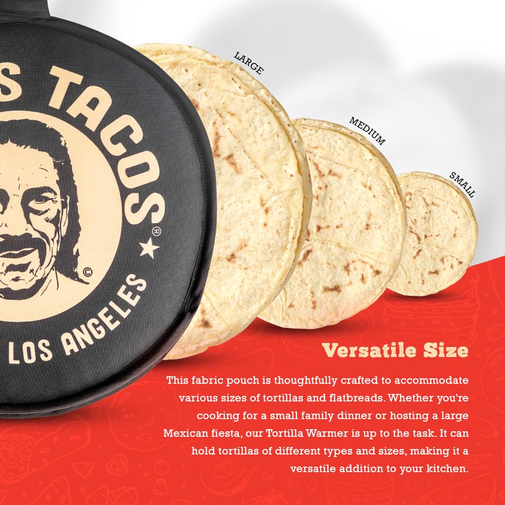 Trejo's Tacos tortilla warmer pouch close-up shows durable fabric texture and neat stitching.