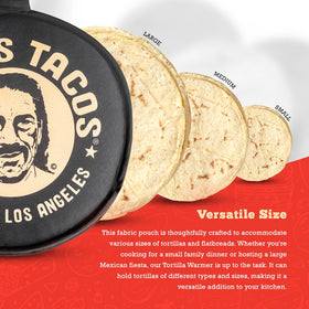 Trejo's Tacos tortilla warmer pouch close-up shows durable fabric texture and neat stitching.