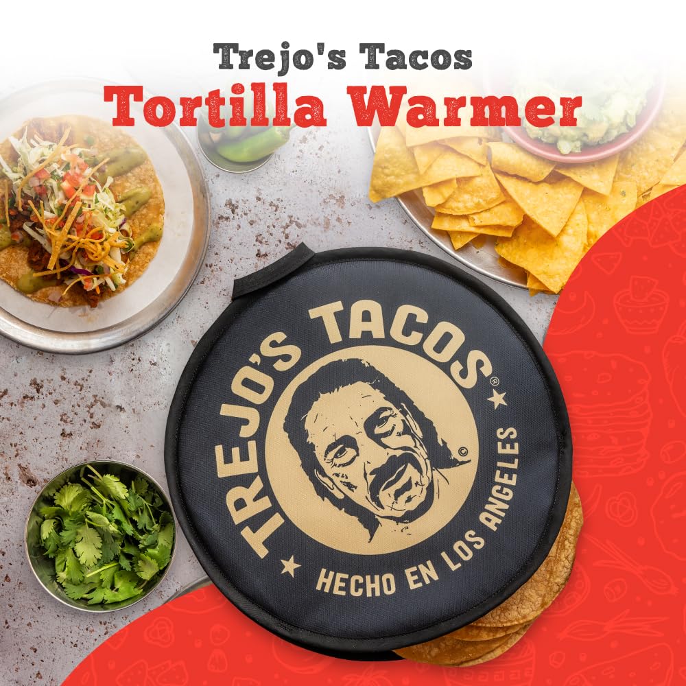 Trejo's Tacos tortilla warmer pouch microwave-ready; locks heat for fresh flatbreads.