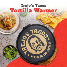 Trejo's Tacos tortilla warmer pouch microwave-ready; locks heat for fresh flatbreads.