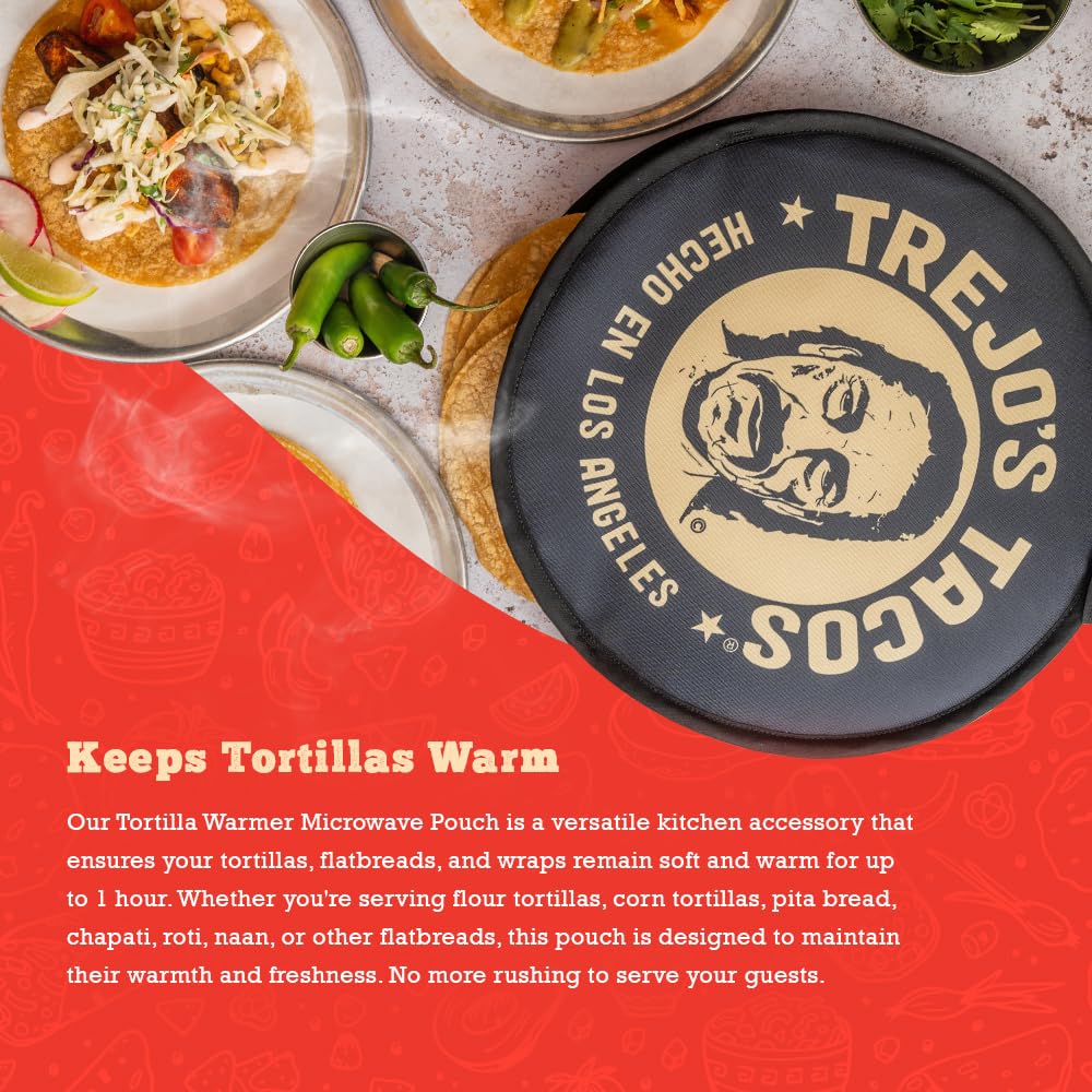 Trejo's Tacos tortilla warmer pouch open to reveal soft, warm tortillas ready to serve.