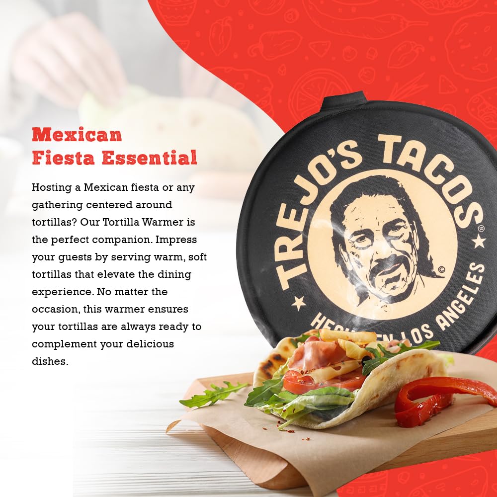 Trejo's Tacos tortilla warmer pouch party scene; quick warm flatbreads for guests.