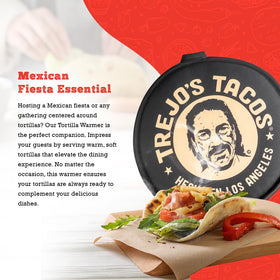 Trejo's Tacos tortilla warmer pouch party scene; quick warm flatbreads for guests.