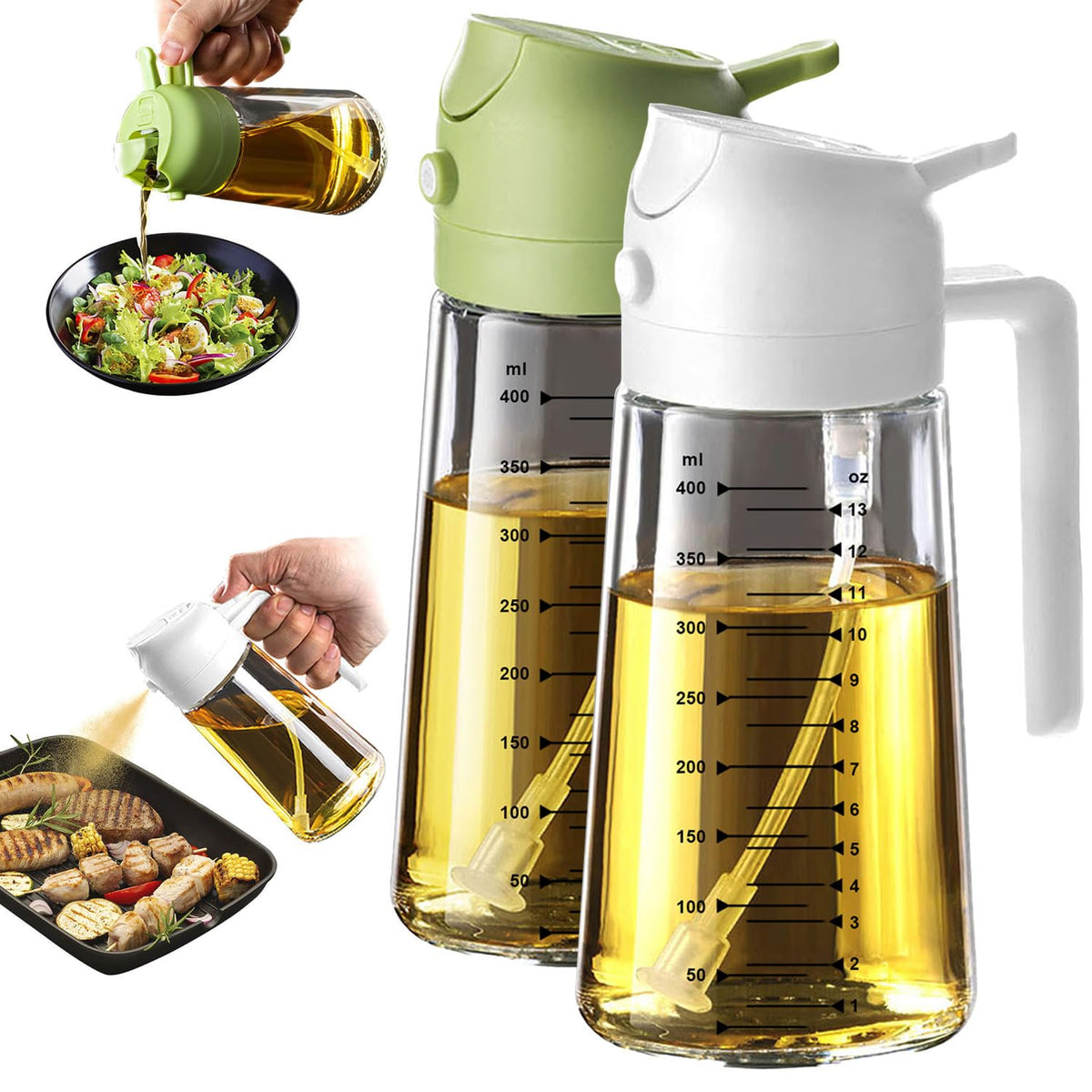 TrendPlain 16oz olive oil spray bottle delivering a fine mist for even seasoning.