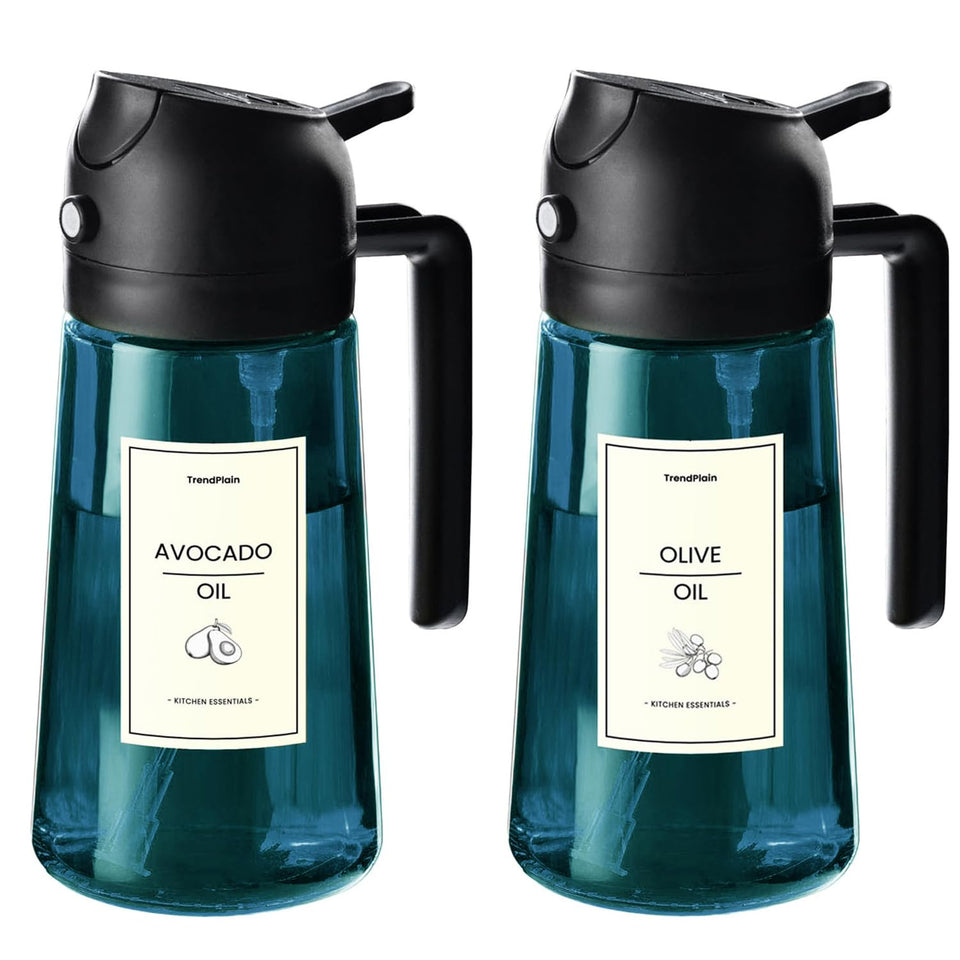 TrendPlain blue glass olive oil sprayer with 16oz capacity for precise cooking.