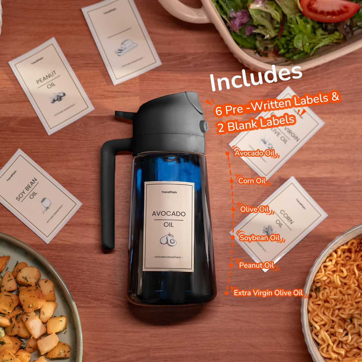 TrendPlain two-in-one oil dispenser and sprayer for versatile kitchen tasks.