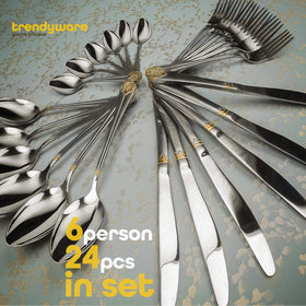 Trendware 24-piece dinner spoons with gold accents for elegant soups and desserts.