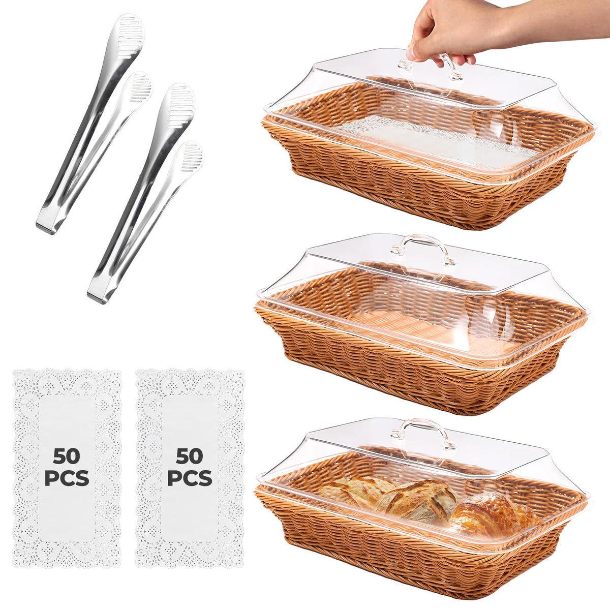 Trez Treamer rattan bread baskets with acrylic lids for fresh, protected serving.