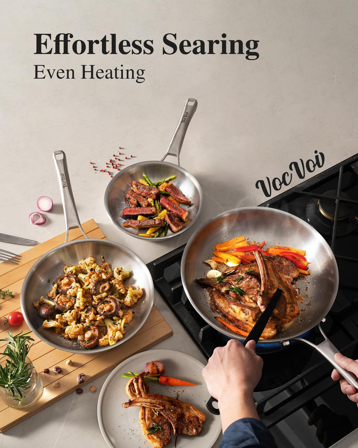 Tri-Ply Stainless Steel Cookware Set with 1.5-quart saucepan and lid.