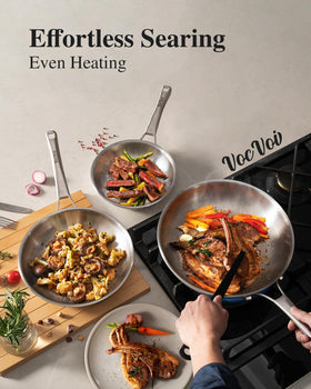 Tri-Ply Stainless Steel Cookware Set with 1.5-quart saucepan and lid.