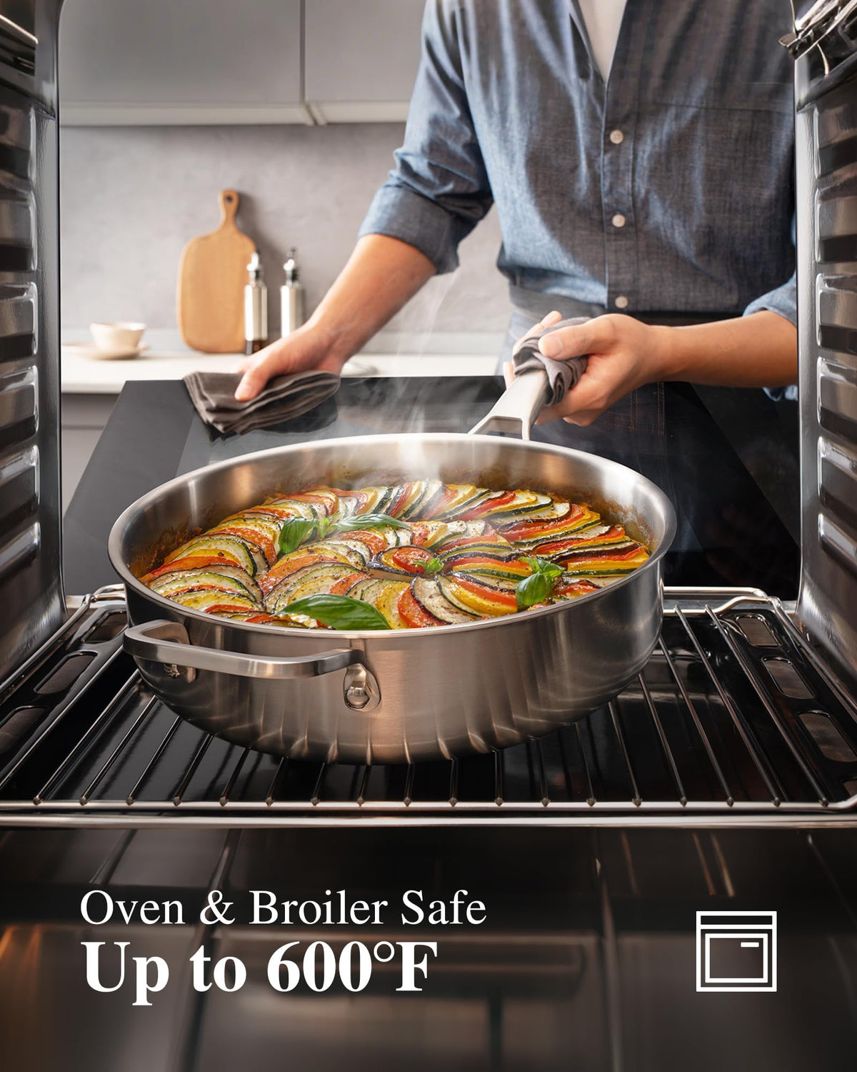 Tri-Ply Stainless Steel Cookware Set with 3.6-quart saute pan and lid.