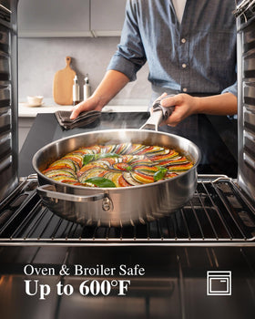 Tri-Ply Stainless Steel Cookware Set with 3.6-quart saute pan and lid.