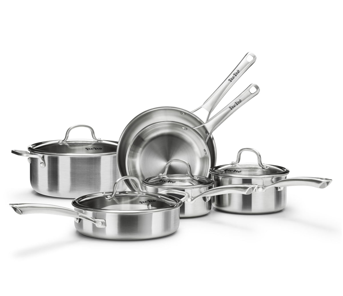 Tri-Ply Stainless Steel Cookware Set with 8-inch frying pan for even heating.