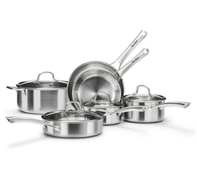Tri-Ply Stainless Steel Cookware Set with 8-inch frying pan for even heating.