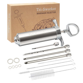 Tri-Sworker meat injector front view showing compact 2 oz setup for marinades