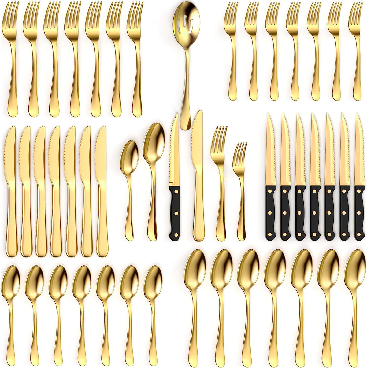 Tribal Cooking 49-piece gold flatware set for eight with a polished finish for formal dinners.