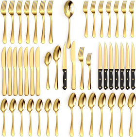 Tribal Cooking 49-piece gold flatware set for eight with a polished finish for formal dinners.