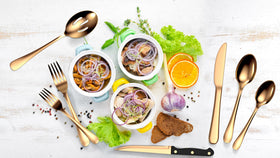 Tribal Cooking stainless steel gold flatware with mirror polish for everyday use and special occasions.