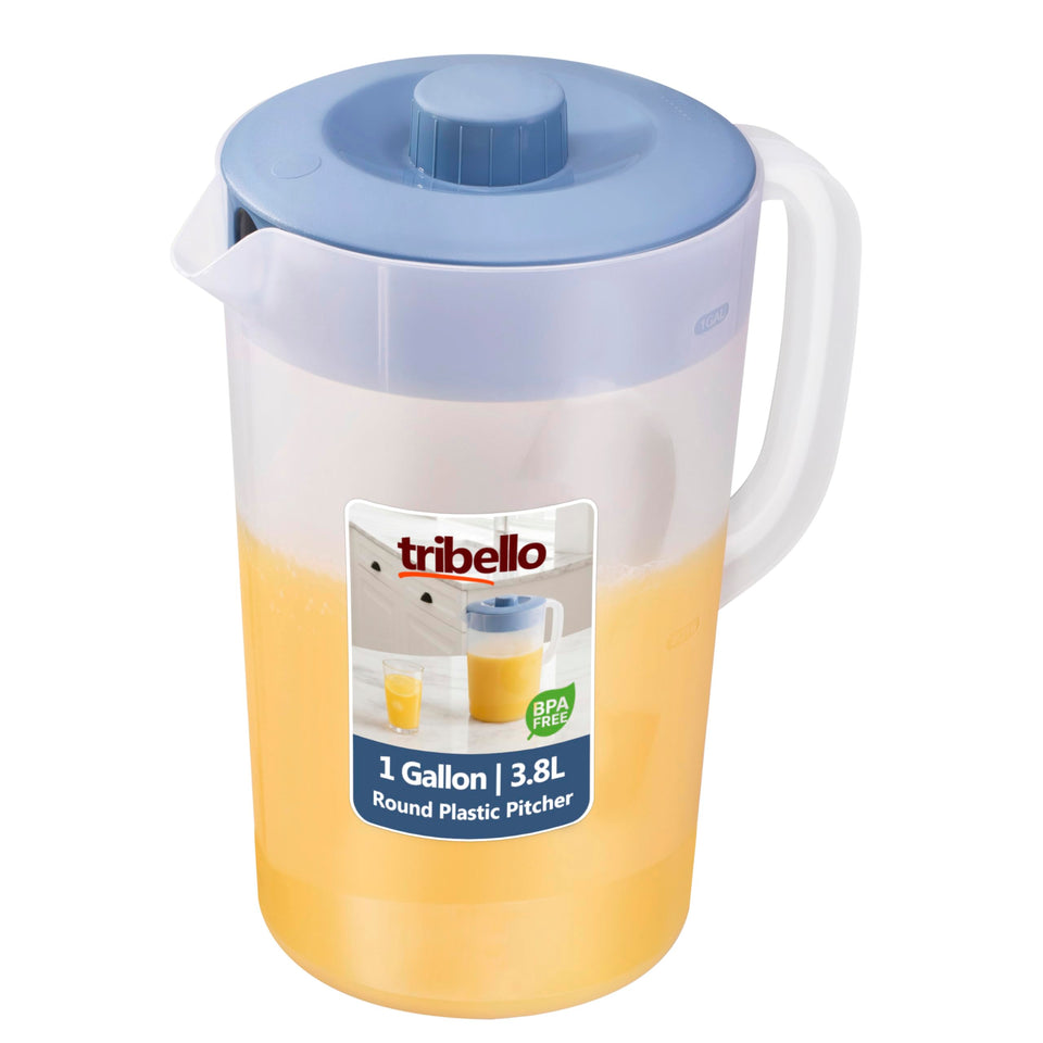 Tribello 1 gallon pitcher with lid for easy storage and spill-free serving.