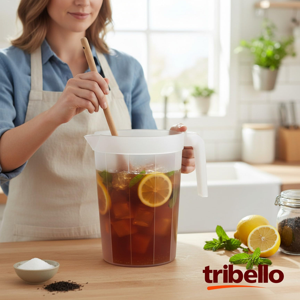 Tribello 1-gallon pitcher fits fridge shelves for convenient storage.