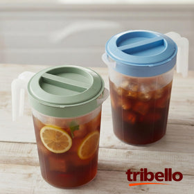 Tribello 1-gallon pitcher twist-cover demonstrates versatile lid for pour, strain, or seal.