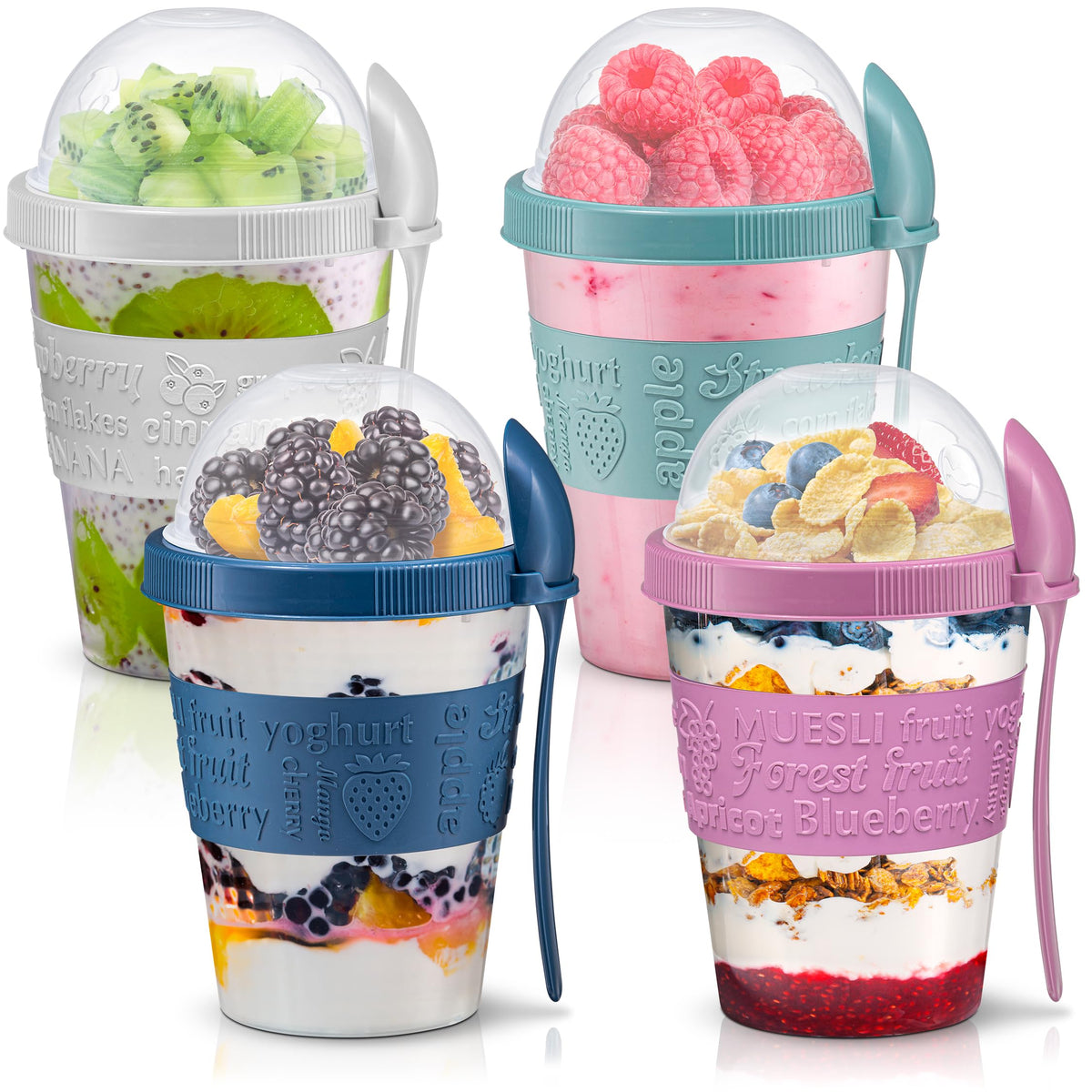 Tribello 4-pack yogurt parfait cups with lids for on-the-go meals and leaks.