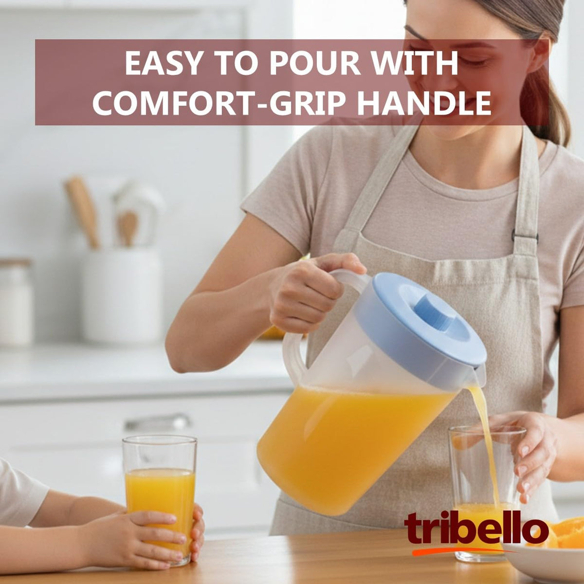 Tribello BPA-free pitcher with clear body for quick refill visibility.