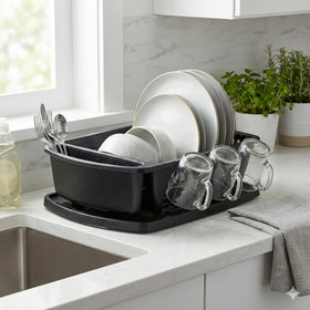 Tribello dish rack with built-in silverware holder for organized drying