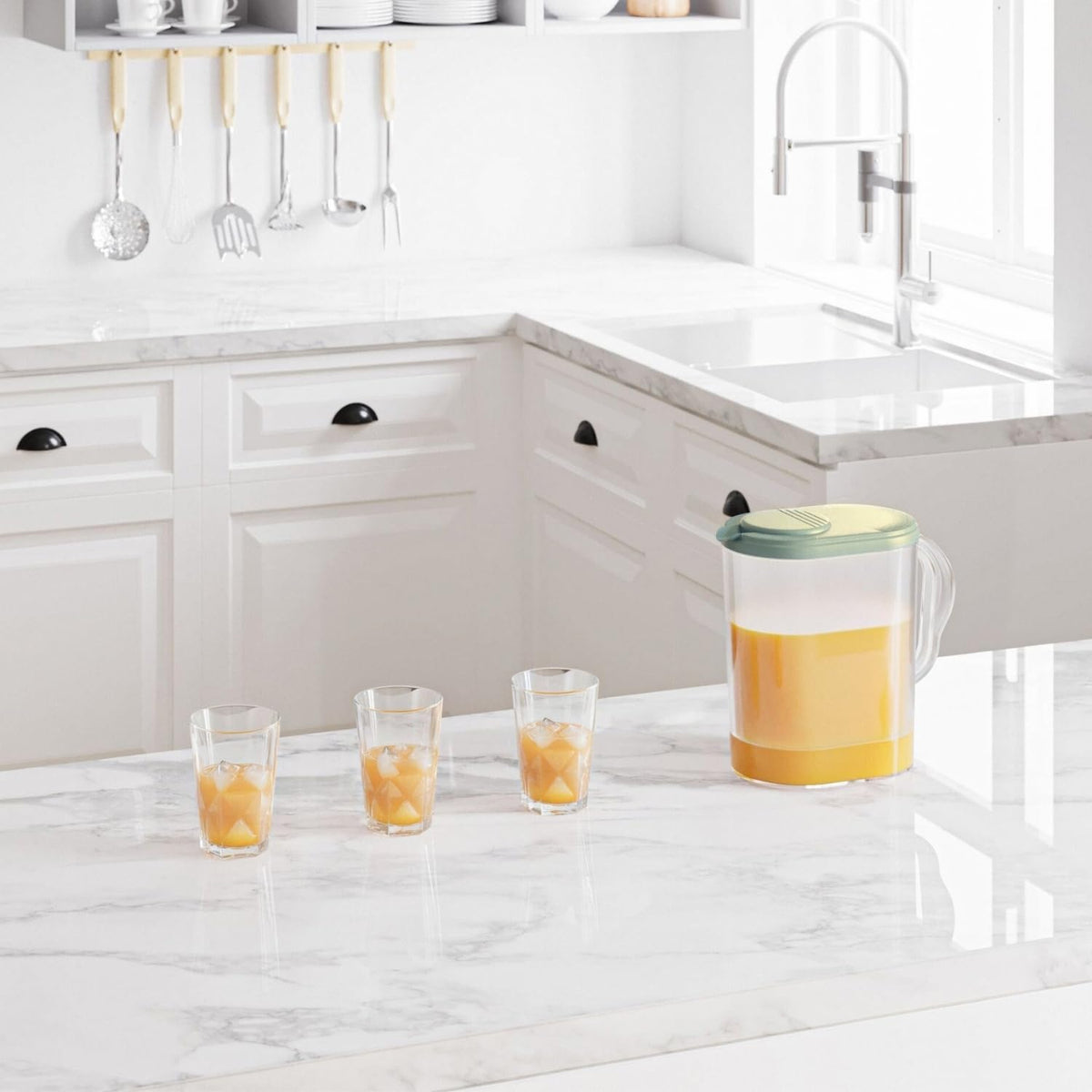 Tribello dishwasher-safe and freezer-safe pitcher keeps beverages fresh.