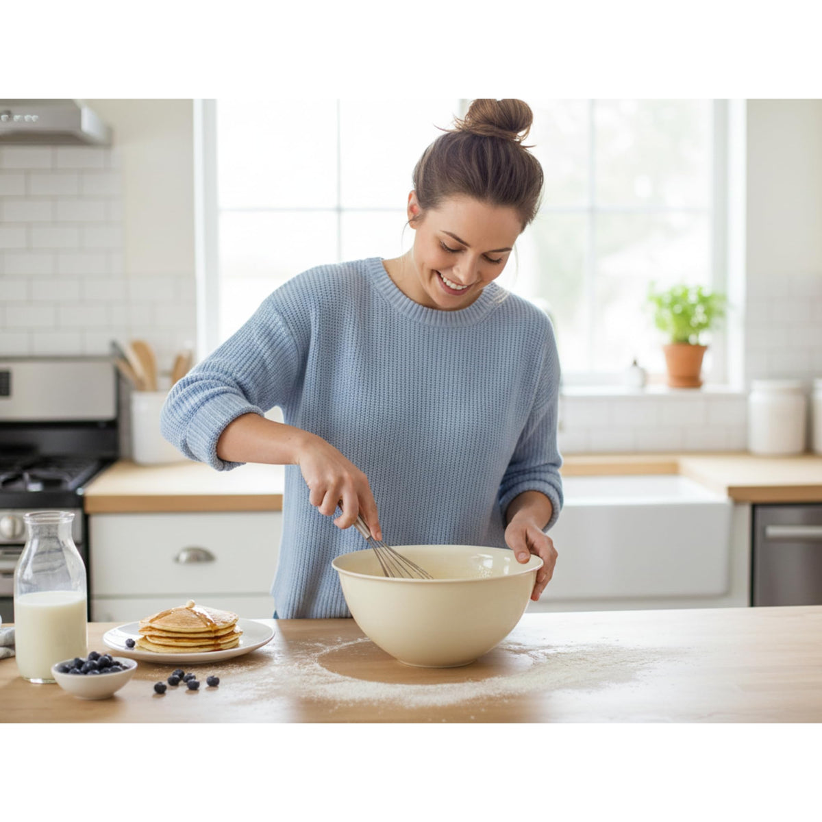 Tribello large mixing bowls in use for dough preparation.