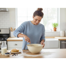 Tribello large mixing bowls in use for dough preparation.