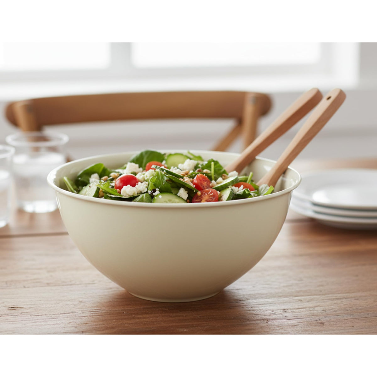 Tribello 5-quart bowls ready for salad serving and easy cleanup.