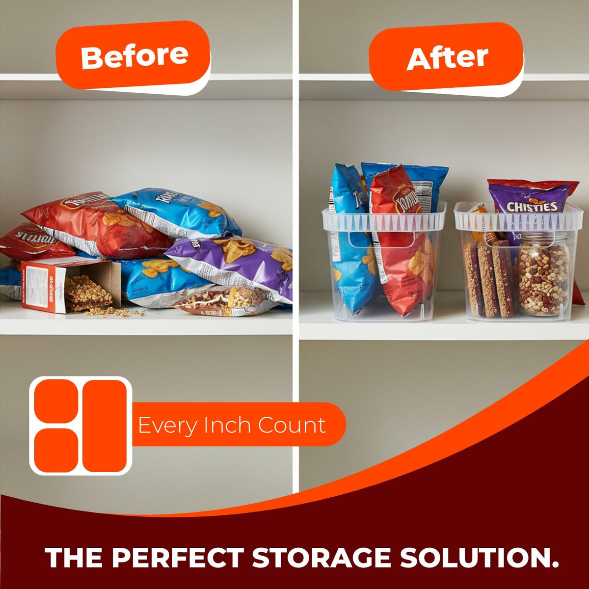 Tribello narrow bin on a shelf demonstrates space-saving organization.