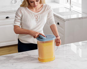 Tribello pitcher wide-mouth opening for easy fruit and liquid addition.