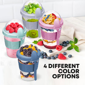Tribello transparent body shows layered yogurt and fruit.