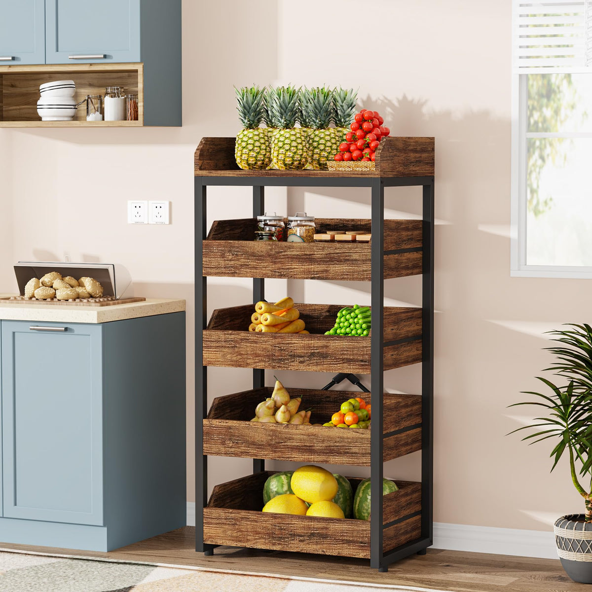 Tribesigns fruit-vegetable organizer stand keeps produce neatly displayed and reachable.