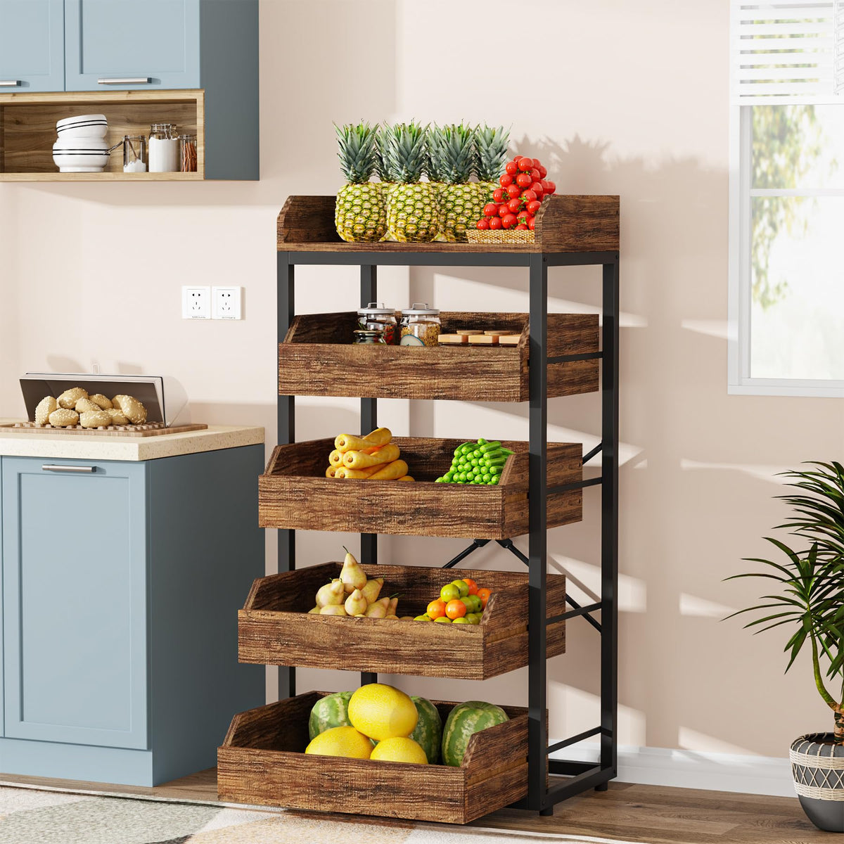 Tribesigns wood fruit storage rack with 5-tier pull-out design for easy access.