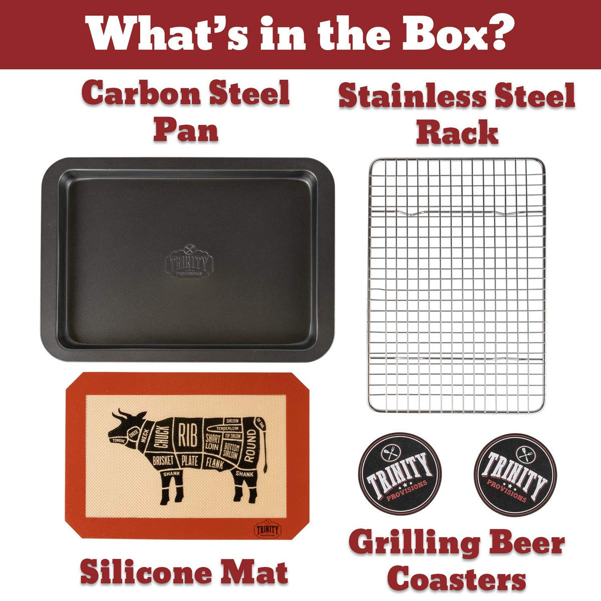 Trinity Provisions gift-pack meat resting pan with coasters