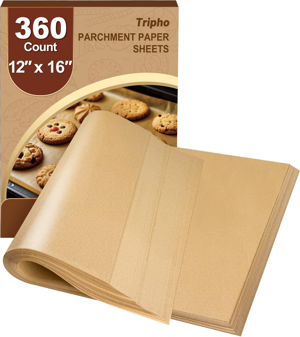 Tripho 360-count parchment sheets box for easy weekly baking and cleanup.