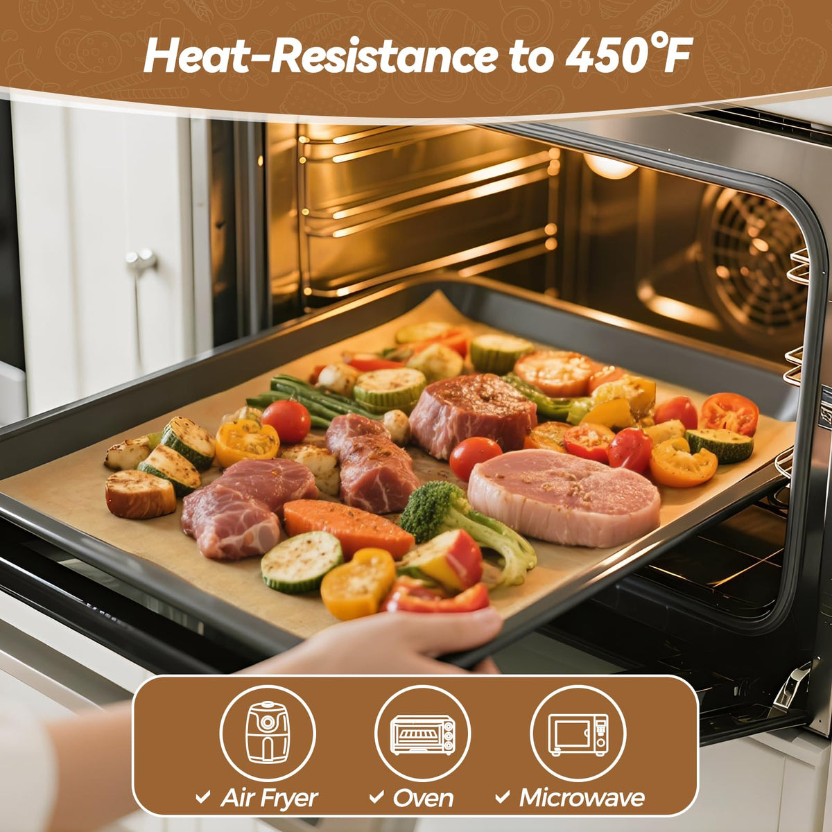 Tripho parchment in air fryer basket, prevents sticking and drips.