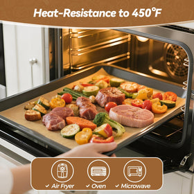 Tripho parchment in air fryer basket, prevents sticking and drips.